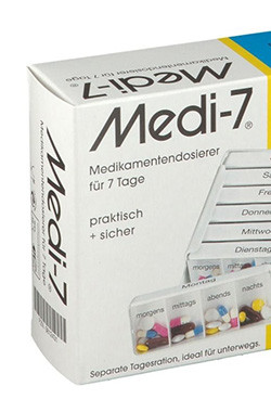 Wochen-Dosierbox mit 7 täglichen Fächern und farblicher Kennzeichnung für übersichtliche Medikamentenorganisation.
