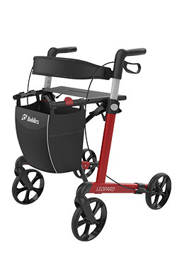 Moderner Rollator mit vier Rädern, ergonomischen Griffen, Sitzfläche und Korb für sicheres Gehen und praktischen Transport.